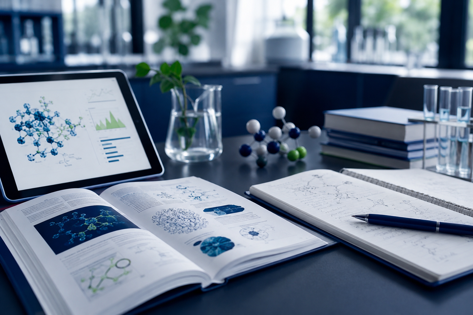Scientific research desk with technical documents, molecular models and analytical references