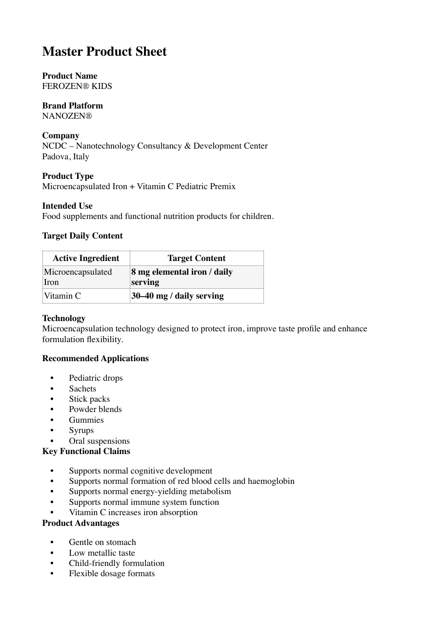 FEROZEN KIDS® master product sheet preview